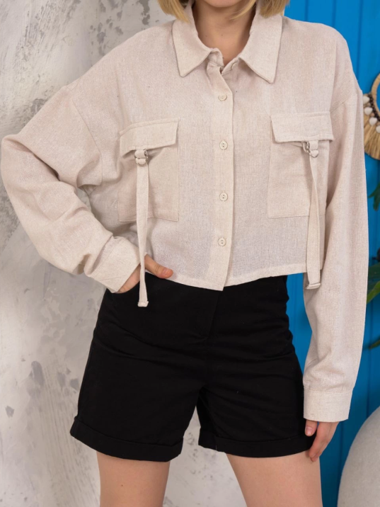 Kemer cepli keten crop gömlek krem s255350 Kemer cepli keten crop gömlek krem s255350