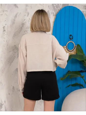 Kemer Cepli Keten Crop Gömlek Krem S255350