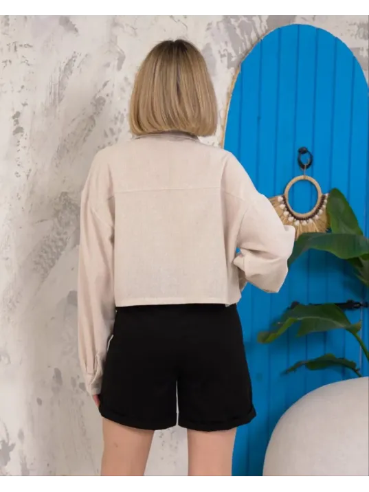 Kemer Cepli Keten Crop Gömlek Krem S255350