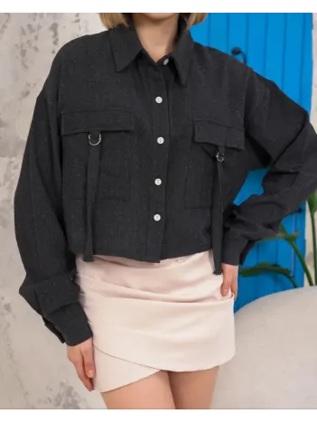 Kemer Cepli Keten Crop Gömlek Siyah S255350