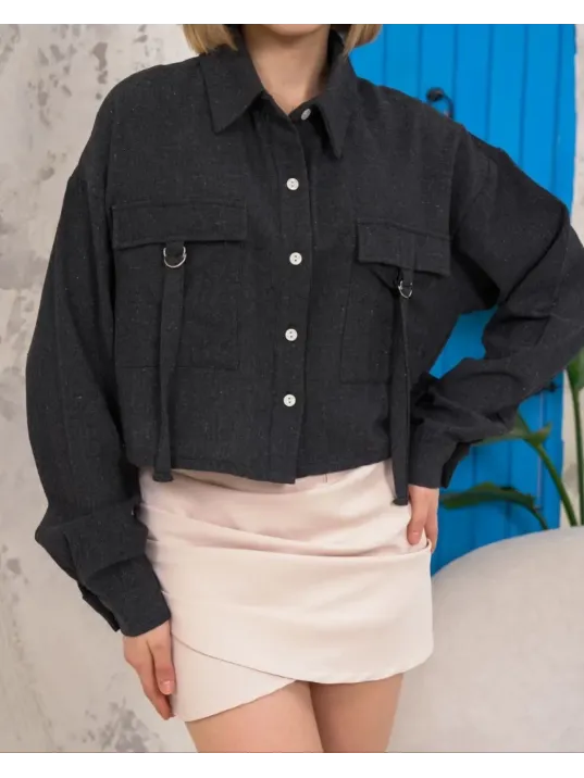 Kemer Cepli Keten Crop Gömlek Siyah S255350 Kemer Cepli Keten Crop Gömlek Siyah S255350