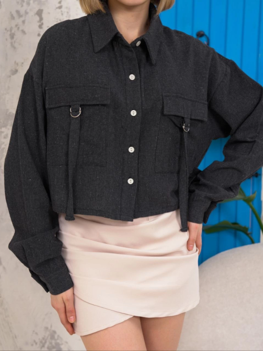 Kemer cepli keten crop gömlek siyah s255350 Kemer cepli keten crop gömlek siyah s255350