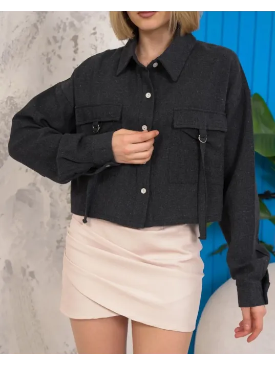 Kemer Cepli Keten Crop Gömlek Siyah S255350 Kemer Cepli Keten Crop Gömlek Siyah S255350