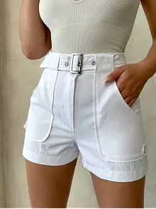 Kemer Detaylı Gabardin Şort Beyaz S25289