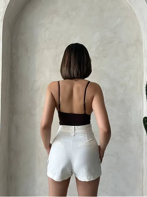 Kemer Detaylı Gabardin Şort Krem S25289