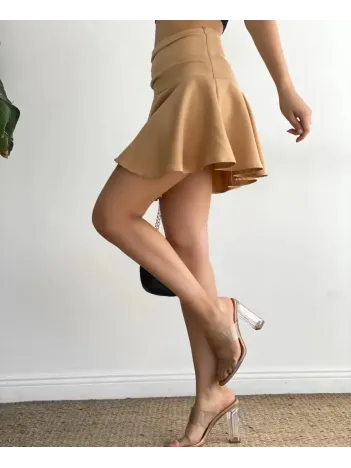 Kemerden Büzgülü Etek Camel