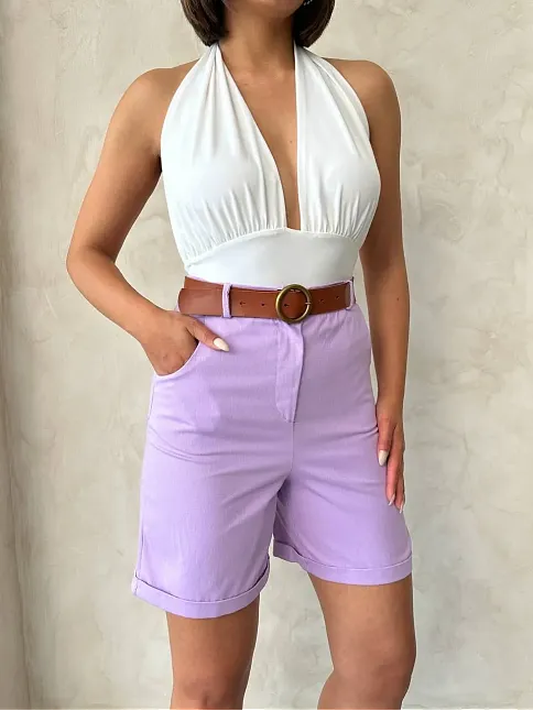 Kemerli Gabardin Şort Lila S25735