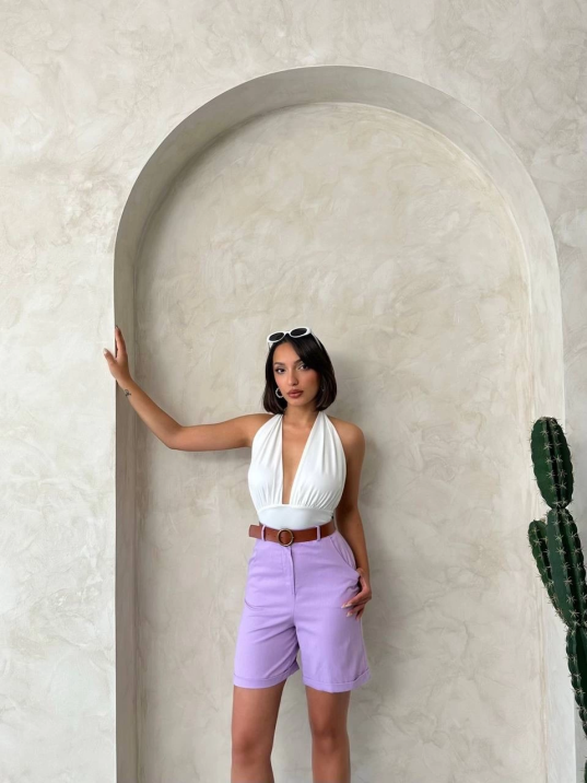 Kemerli gabardin şort lila s25735 Kemerli gabardin şort lila s25735