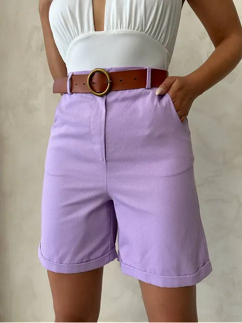 Kemerli Gabardin Şort Lila S25735