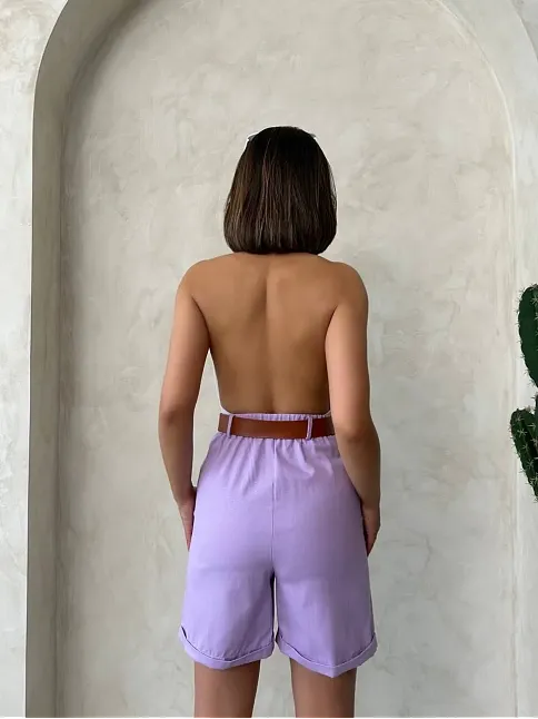 Kemerli Gabardin Şort Lila S25735