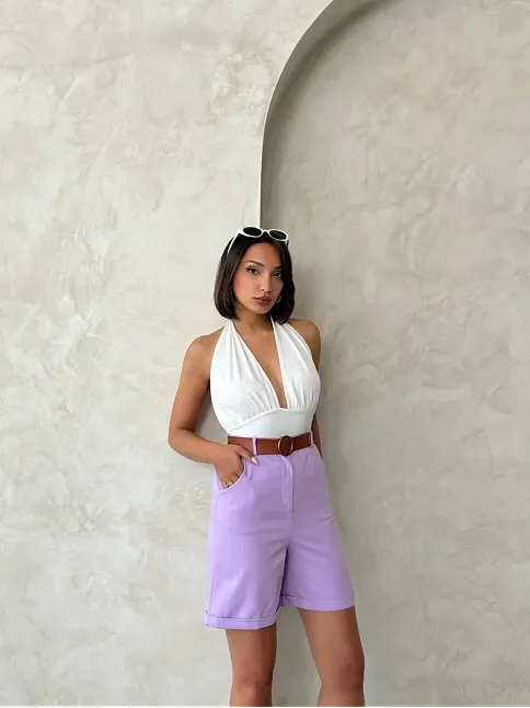 Kemerli Gabardin Şort Lila S25735