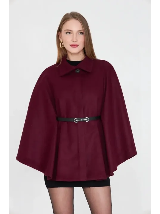 Kemerli Kaşe Panço Bordo Pt