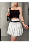 Kemerli Piliseli Şort Etek Beyaz S25305
