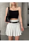 Kemerli Piliseli Şort Etek Beyaz S25305
