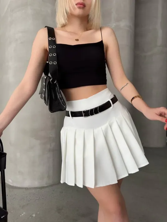 Kemerli Piliseli Şort Etek Beyaz S25305
