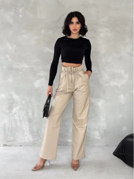 Kendinden İnce Kemerli Deri Pantolon Bej T1178