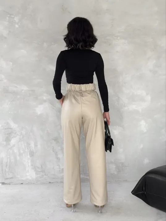 Kendinden İnce Kemerli Deri Pantolon Bej T1178