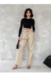 Kendinden İnce Kemerli Deri Pantolon Bej T1178