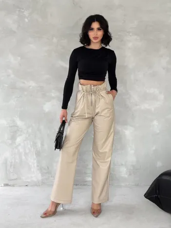 Kendinden İnce Kemerli Deri Pantolon Bej T1178