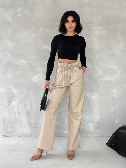 Kendinden İnce Kemerli Deri Pantolon Bej T1178