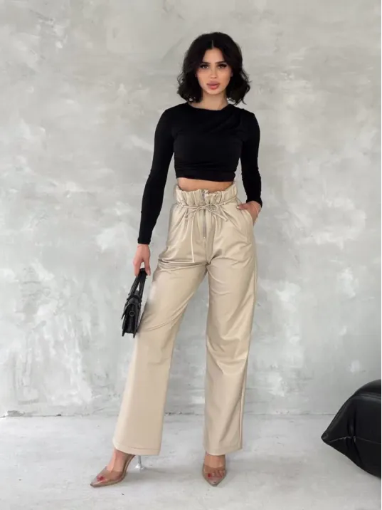 Kendinden İnce Kemerli Deri Pantolon Bej T1178
