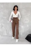 Kendinden İnce Kemerli Deri Pantolon Kahve T1178