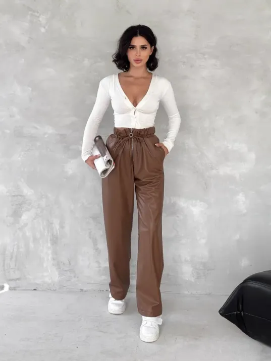 Kendinden İnce Kemerli Deri Pantolon Kahve T1178