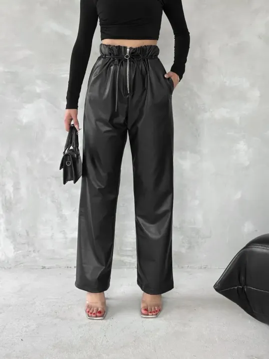 Kendinden İnce Kemerli Deri Pantolon Siyah T1178