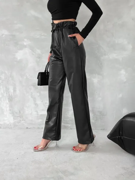 Kendinden İnce Kemerli Deri Pantolon Siyah T1178