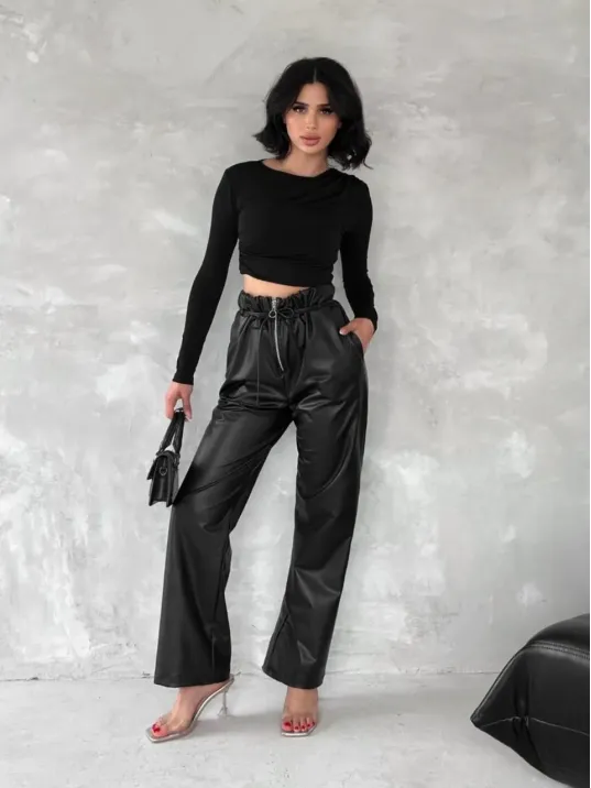 Kendinden İnce Kemerli Deri Pantolon Siyah T1178