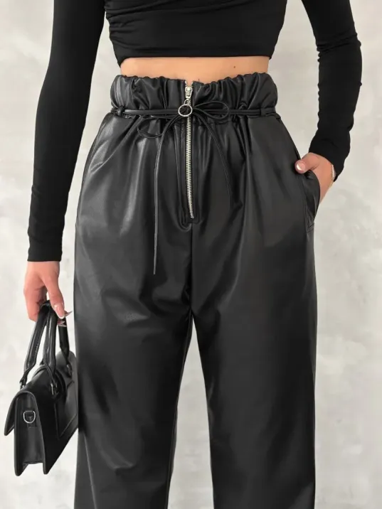 Kendinden İnce Kemerli Deri Pantolon Siyah T1178