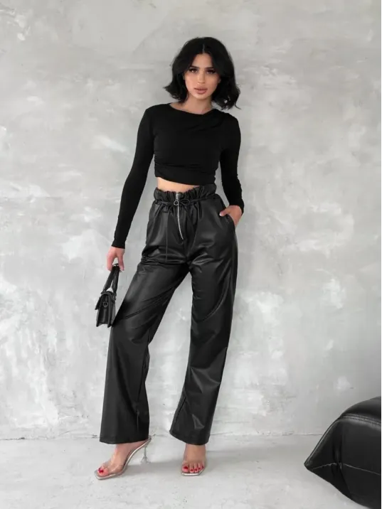 Kendinden İnce Kemerli Deri Pantolon Siyah T1178