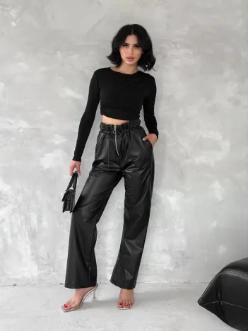 Kendinden İnce Kemerli Deri Pantolon Siyah T1178