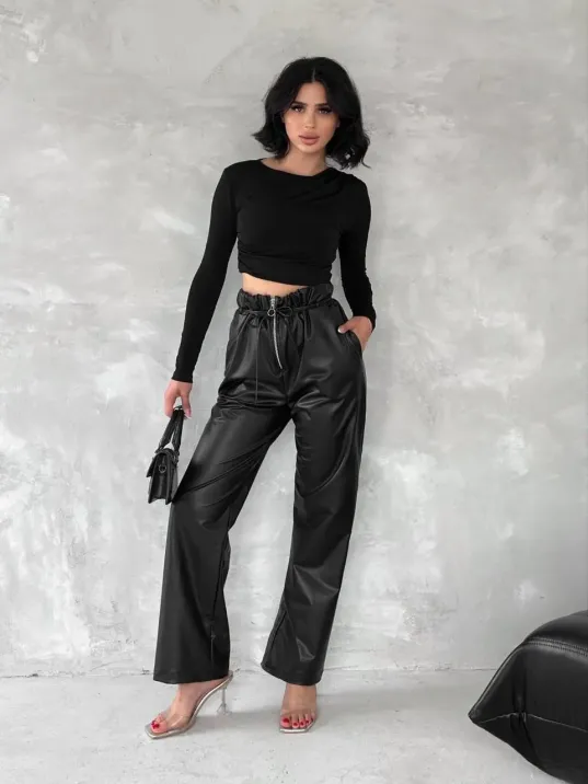 Kendinden İnce Kemerli Deri Pantolon Siyah T1178