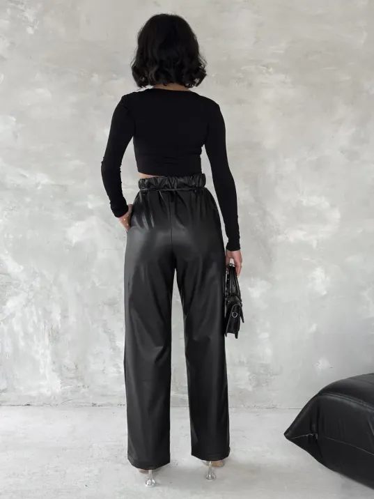 Kendinden İnce Kemerli Deri Pantolon Siyah T1178