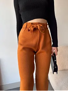 Kendinden Kemerli Triko Pantolon Camel