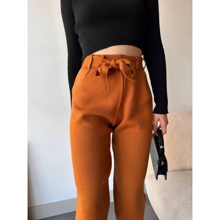 Kendinden kemerli triko pantolon camel Kendinden kemerli triko pantolon camel