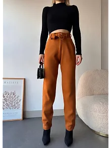 Kendinden Kemerli Triko Pantolon Camel