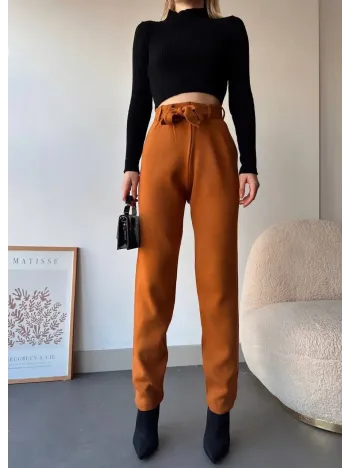 Kendinden Kemerli Triko Pantolon Camel