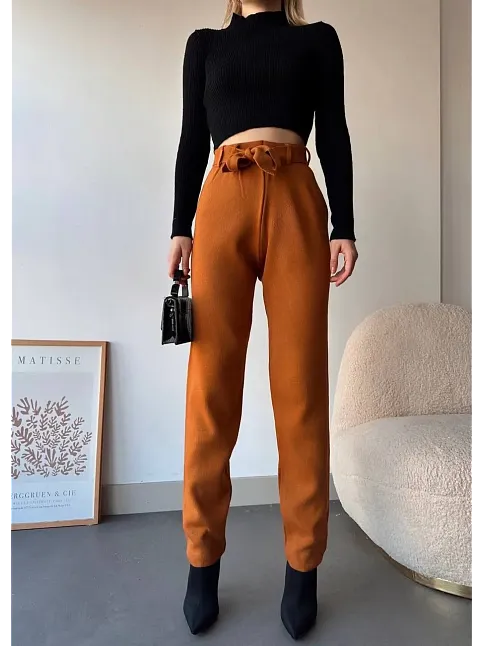 Kendinden Kemerli Triko Pantolon Camel