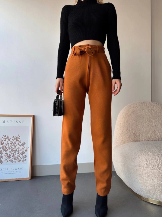 Kendinden kemerli triko pantolon camel Kendinden kemerli triko pantolon camel