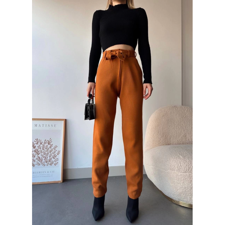 Kendinden kemerli triko pantolon camel Kendinden kemerli triko pantolon camel