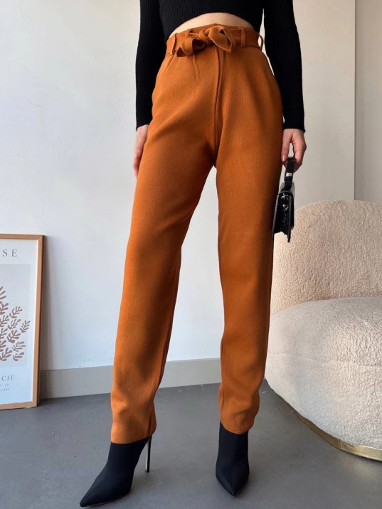 Kendinden kemerli triko pantolon camel Kendinden kemerli triko pantolon camel