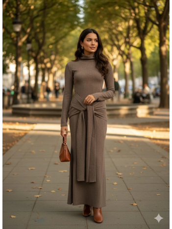 Kendinden kemerli uzun elbise vizon