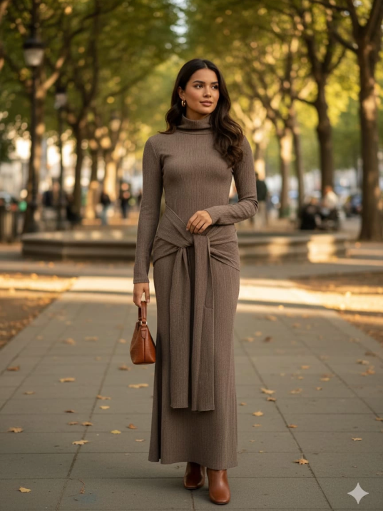 Kendinden kemerli uzun elbise vizon