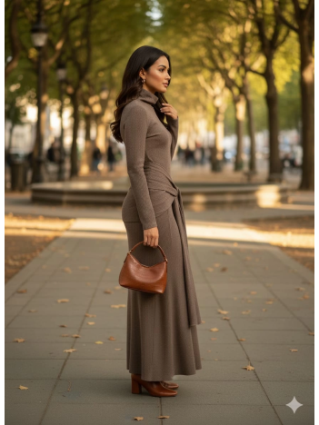 Kendinden kemerli uzun elbise vizon Kendinden kemerli uzun elbise vizon