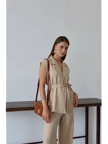 Keten Yelek Pantolon Takım Bej Pt