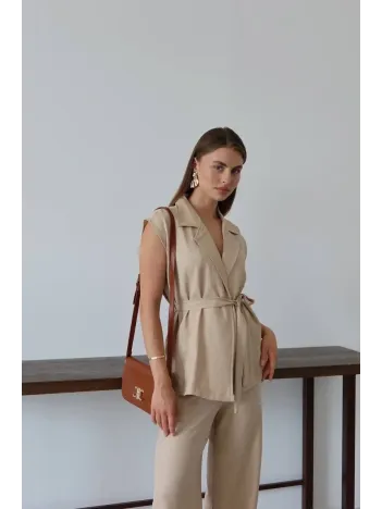 Keten Yelek Pantolon Takım Bej Pt