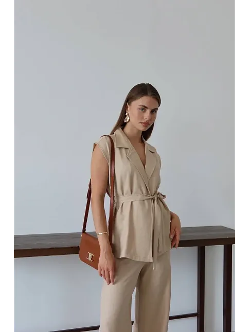 Keten Yelek Pantolon Takım Bej Pt