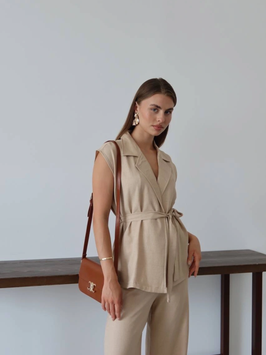 Keten Yelek Pantolon Takım Bej Pt Keten Yelek Pantolon Takım Bej Pt